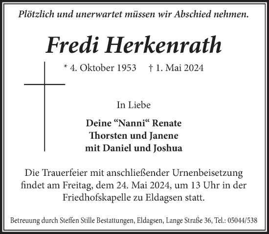 Traueranzeige von Fredi Herkenrath von Neue Deister-Zeitung
