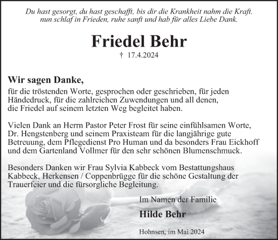Traueranzeige von Friedel Behr von Deister- und Weserzeitung