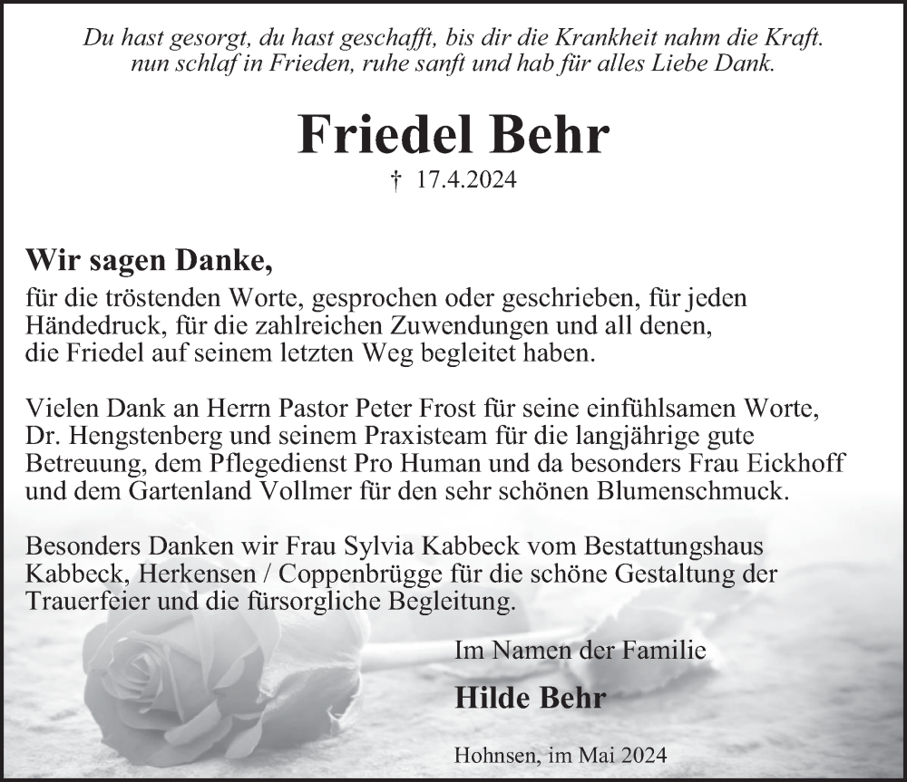  Traueranzeige für Friedel Behr vom 18.05.2024 aus Deister- und Weserzeitung