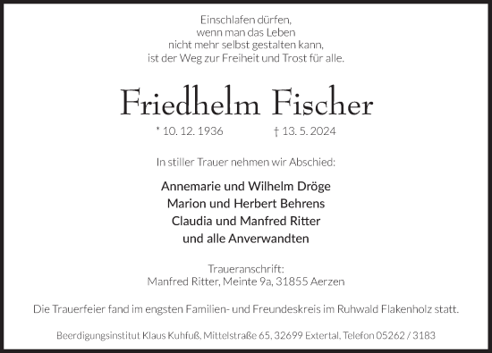 Traueranzeige von Friedhelm Fischer von Deister- und Weserzeitung