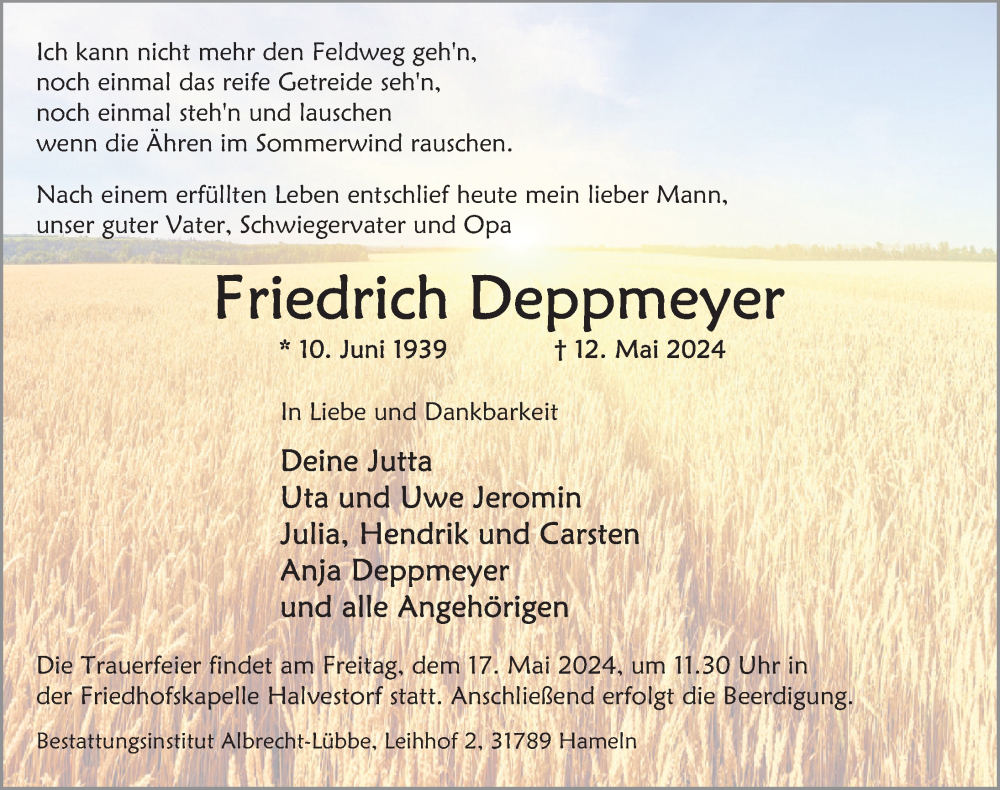  Traueranzeige für Friedrich Deppmeyer vom 14.05.2024 aus Deister- und Weserzeitung