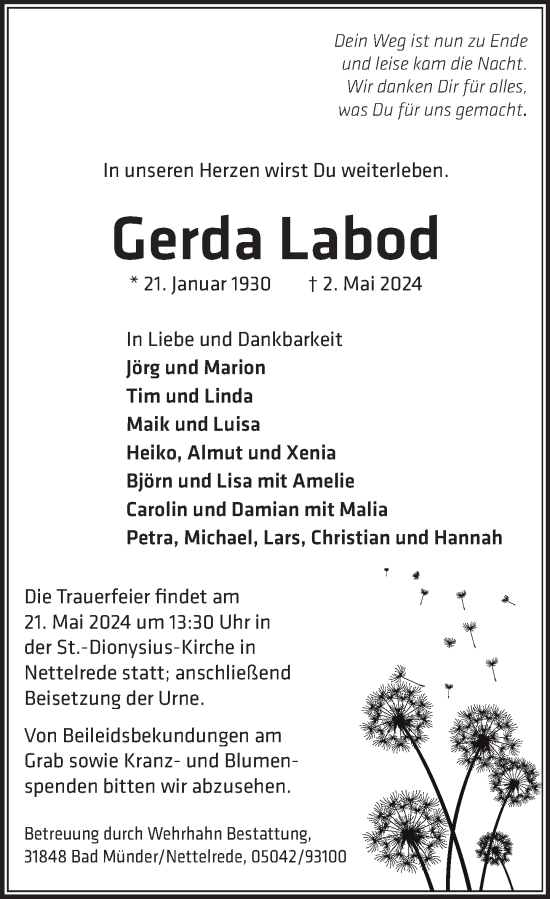 Traueranzeige von Gerda Labod von Neue Deister-Zeitung