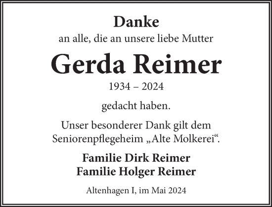 Traueranzeige von Gerda Reimer von Neue Deister-Zeitung