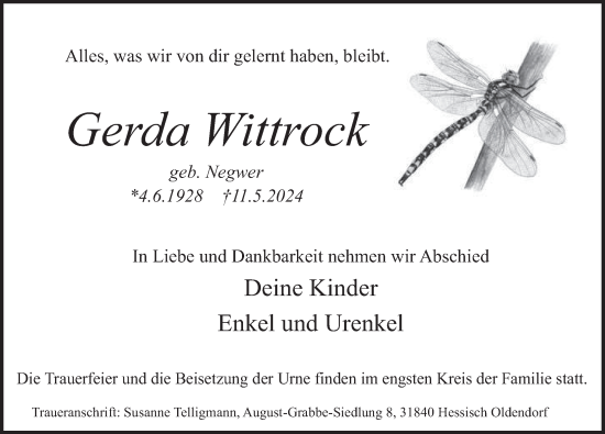 Traueranzeige von Gerda Wittrock von Deister- und Weserzeitung