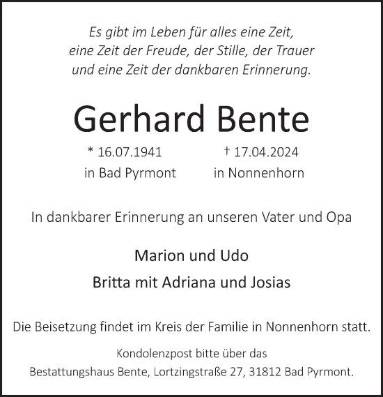 Traueranzeige von Gerhard Bente von Deister- und Weserzeitung