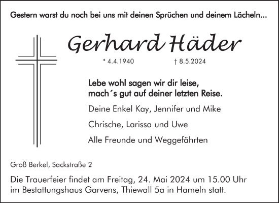 Traueranzeige von Gerhard Häder von Deister- und Weserzeitung