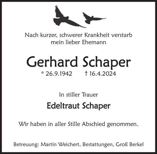 Traueranzeige von Gerhard Schaper von Deister- und Weserzeitung