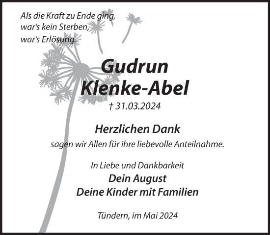 Traueranzeige von Gudrun Klenke-Abel von Deister- und Weserzeitung