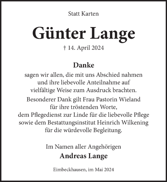 Traueranzeige von Günter Lange von Neue Deister-Zeitung