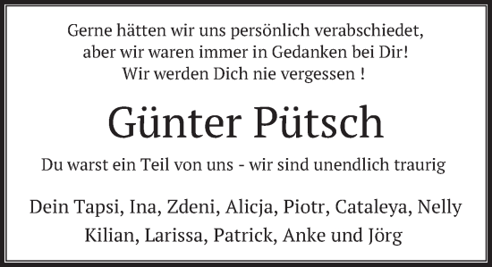 Traueranzeige von Günter Pütsch von Deister- und Weserzeitung