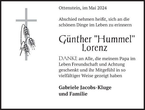 Traueranzeige von Günther Lorenz von Deister- und Weserzeitung