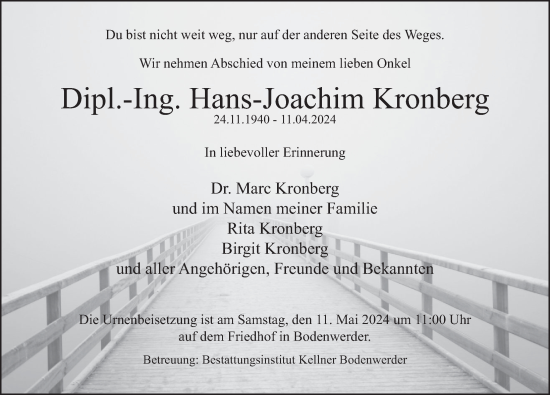 Traueranzeige von Hans-Joachim Kronberg von Deister- und Weserzeitung