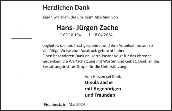 Traueranzeige von Hans- Jürgen Zache von Deister- und Weserzeitung