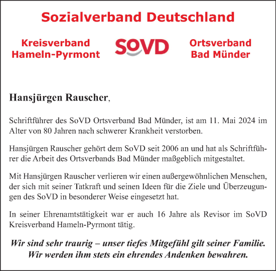 Traueranzeige von Hansjürgen Rauscher von Deister- und Weserzeitung