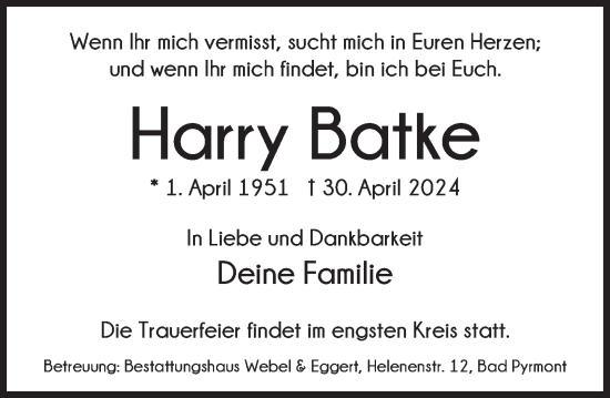 Traueranzeige von Harry Batke von Deister- und Weserzeitung