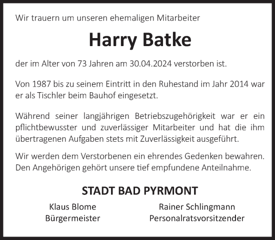Traueranzeige von Harry Batke von Deister- und Weserzeitung