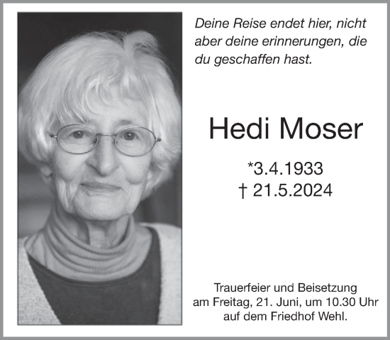 Traueranzeige von Hedi Moser von Deister- und Weserzeitung