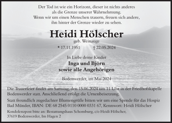 Traueranzeige von Heidi Hölscher von Deister- und Weserzeitung