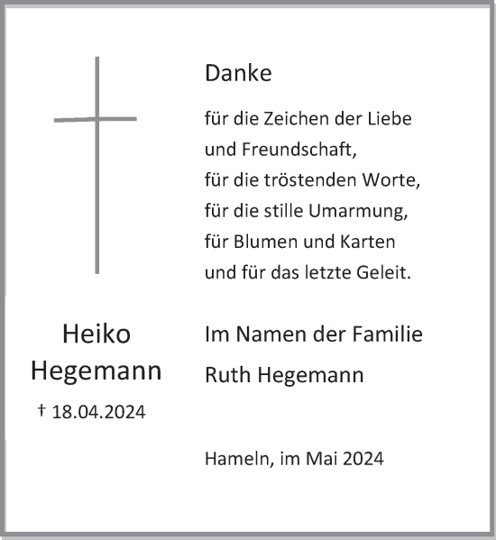 Traueranzeige von Heiko Hegemann von Deister- und Weserzeitung