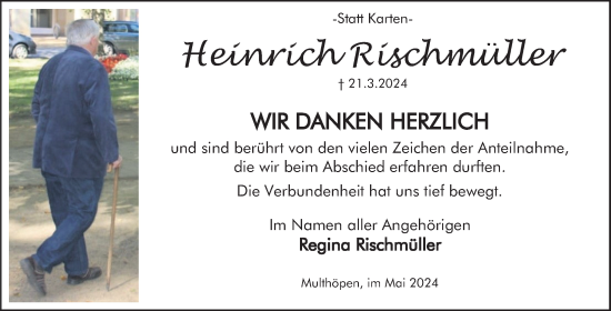 Traueranzeige von Heinrich Rischmüller von Deister- und Weserzeitung