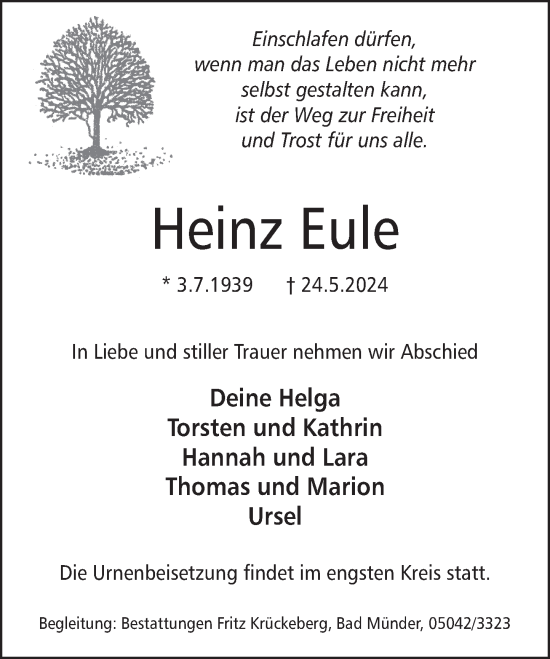 Traueranzeige von Heinz Eule von Neue Deister-Zeitung