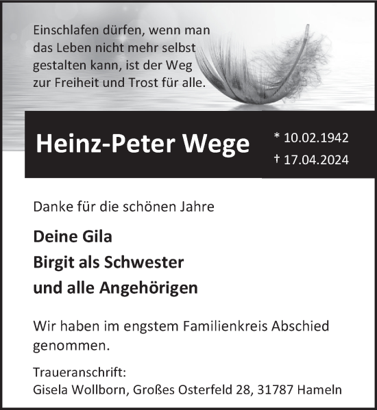 Traueranzeige von Heinz-Peter Wege von Deister- und Weserzeitung