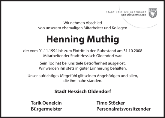 Traueranzeige von Henning Muthig von Deister- und Weserzeitung