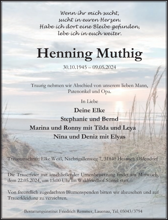 Traueranzeige von Henning Muthig von Deister- und Weserzeitung