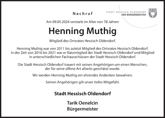 Traueranzeige von Henning Muthig von Deister- und Weserzeitung