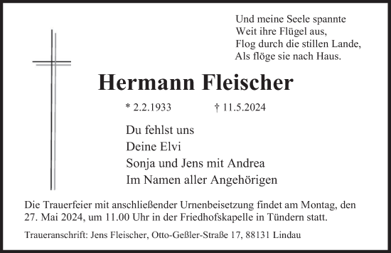 Traueranzeige von Hermann Fleischer von Deister- und Weserzeitung