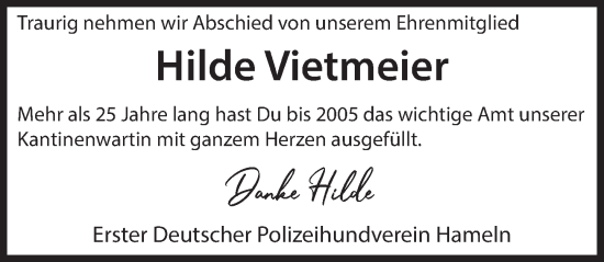 Traueranzeige von Hilde Vietmeier von Deister- und Weserzeitung