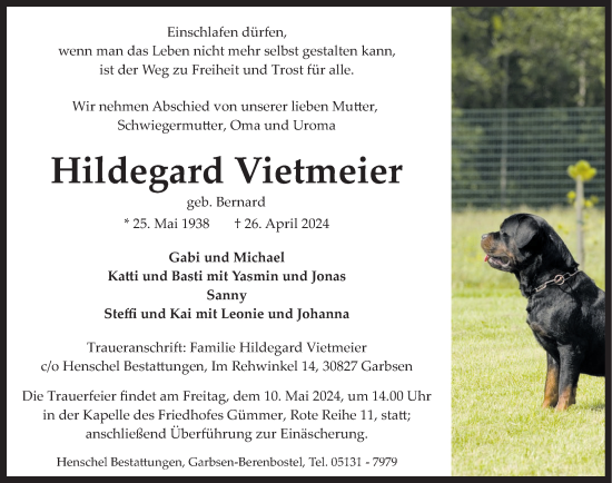 Traueranzeige von Hildegard Vietmeier von Deister- und Weserzeitung