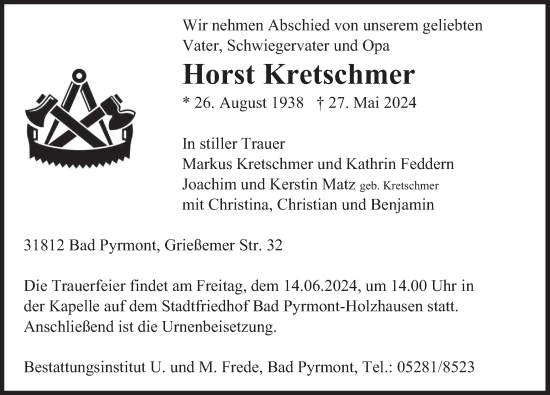 Traueranzeige von Horst Kretschmer von Deister- und Weserzeitung