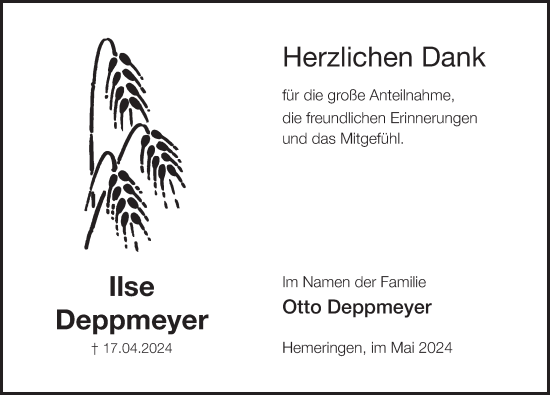 Traueranzeige von Ilse Deppmeyer von Deister- und Weserzeitung