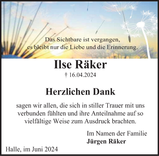 Traueranzeige von Ilse Räker von Deister- und Weserzeitung