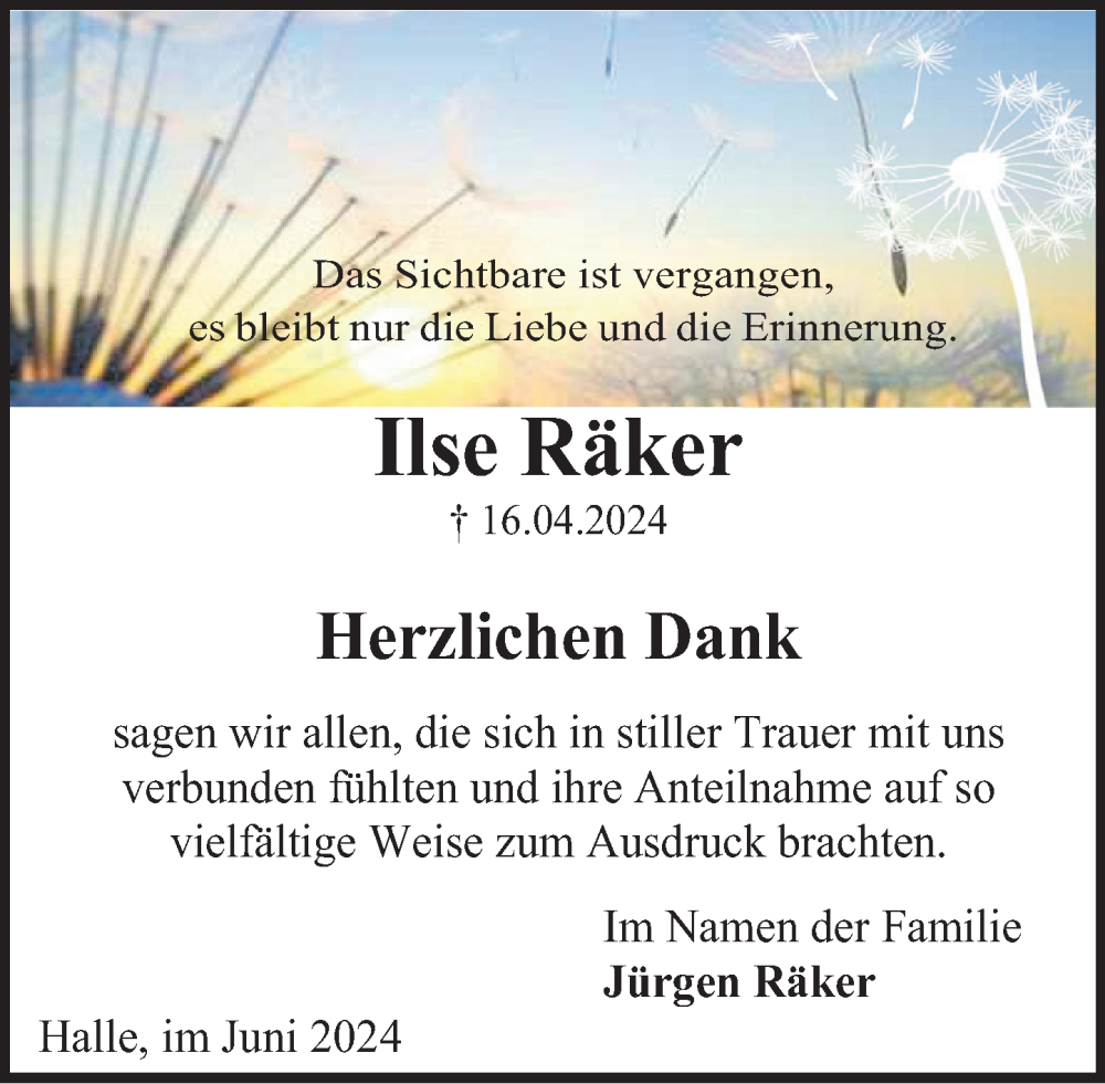  Traueranzeige für Ilse Räker vom 01.06.2024 aus Deister- und Weserzeitung