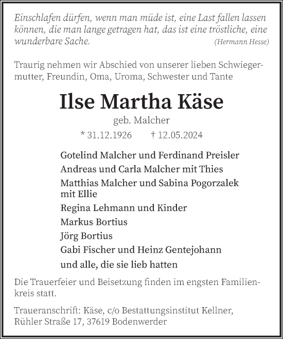 Traueranzeige von Ilse Martha Käse von Deister- und Weserzeitung