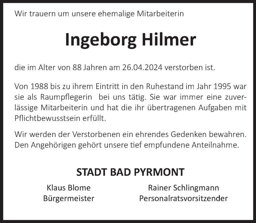  Traueranzeige für Ingeborg Hilmer vom 13.05.2024 aus Deister- und Weserzeitung
