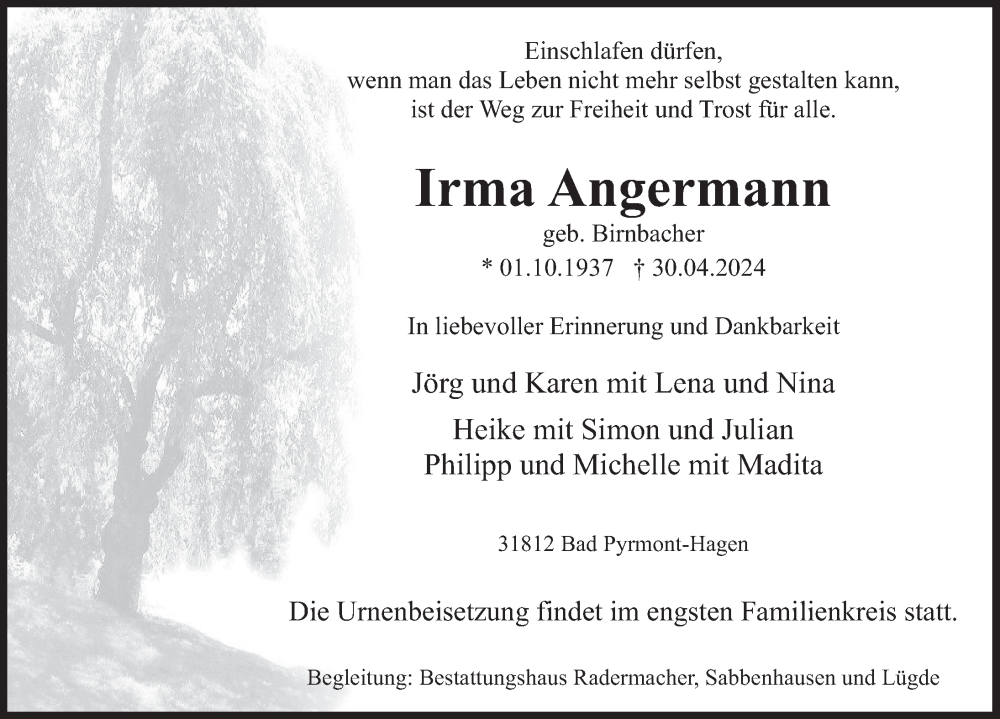  Traueranzeige für Irma Angermann vom 04.05.2024 aus Deister- und Weserzeitung