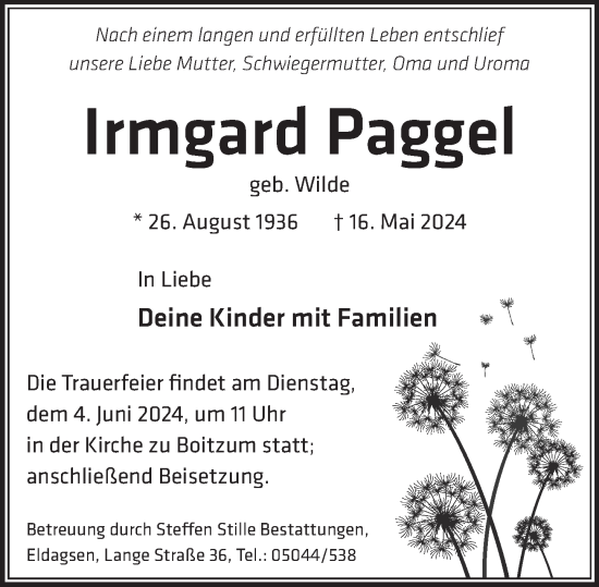 Traueranzeige von Irmgard Paggel von Neue Deister-Zeitung