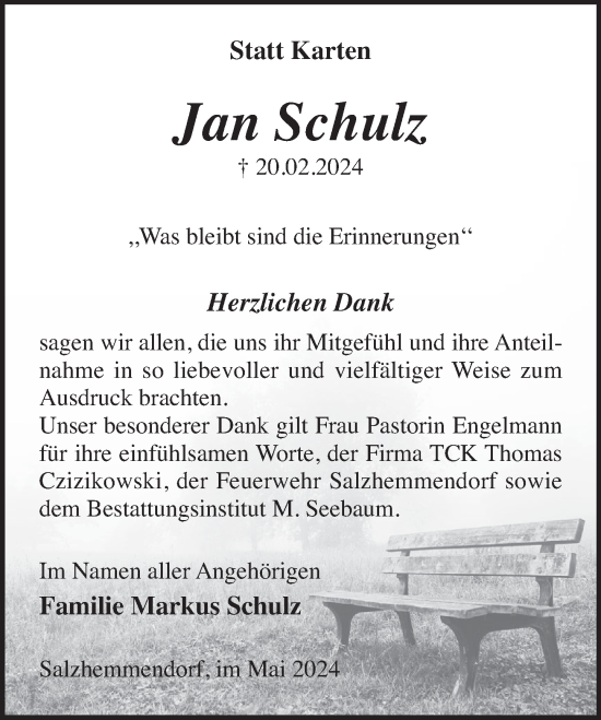 Traueranzeige von Jan Schulz von Deister- und Weserzeitung