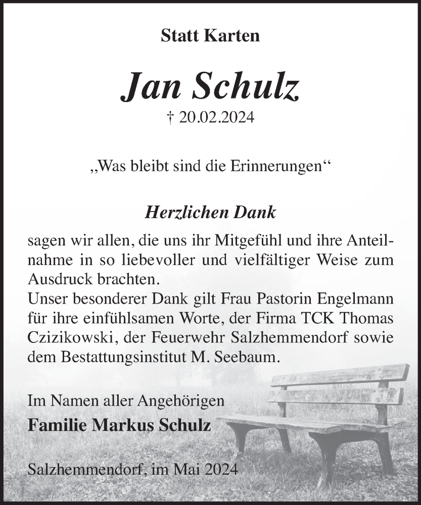  Traueranzeige für Jan Schulz vom 11.05.2024 aus Deister- und Weserzeitung