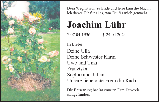 Traueranzeige von Joachim Lühr von Deister- und Weserzeitung
