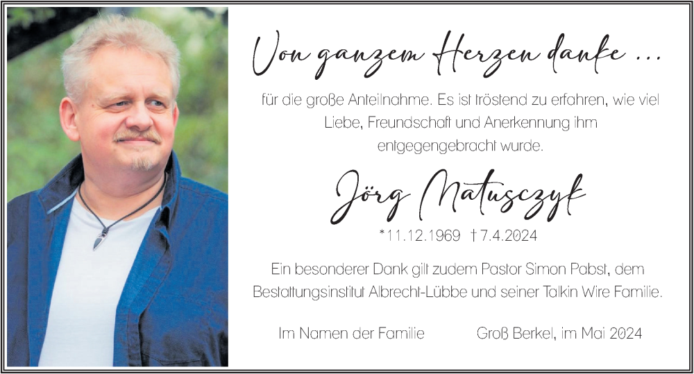  Traueranzeige für Jörg Matusczyk vom 25.05.2024 aus Deister- und Weserzeitung