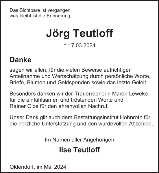 Traueranzeige von Jörg Teutloff von Deister- und Weserzeitung