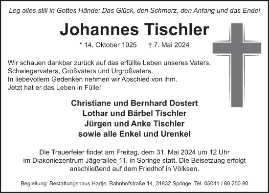 Traueranzeige von Johannes Tischler von Neue Deister-Zeitung