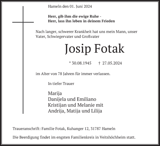 Traueranzeige von Josip Fotak von Deister- und Weserzeitung
