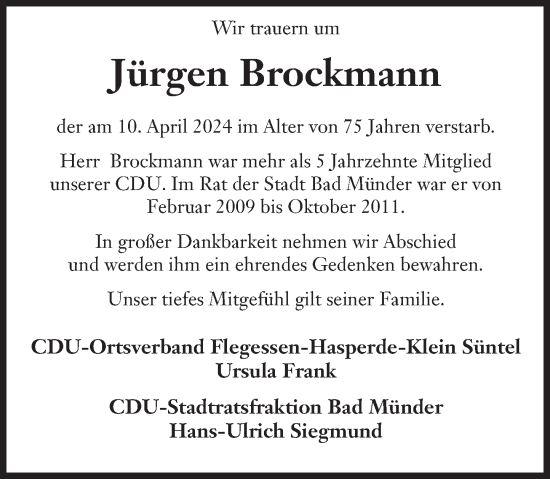 Traueranzeige von Jürgen Brockmann von Deister- und Weserzeitung