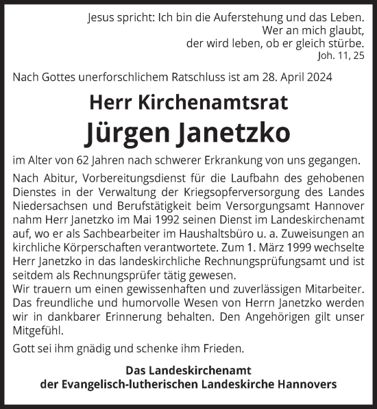 Traueranzeige von Jürgen Janetzko von Neue Deister-Zeitung