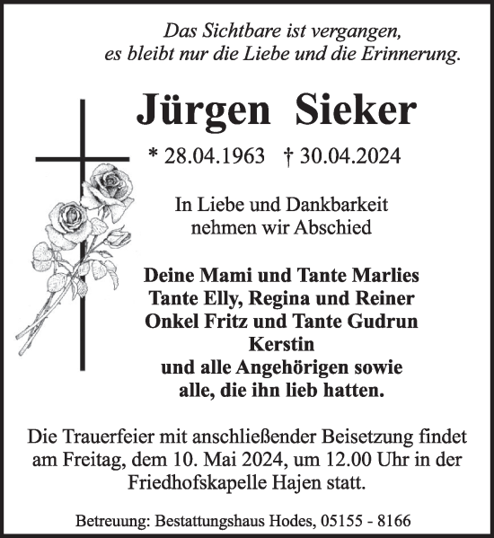 Traueranzeige von Jürgen Sieker von Deister- und Weserzeitung